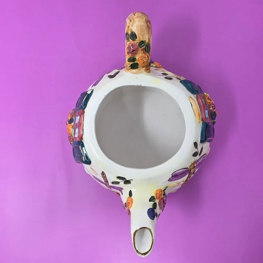 vintage Hand-Painted Ceramic Cottage Style Dragonfly Teapot &‎ Cup Set With Lid